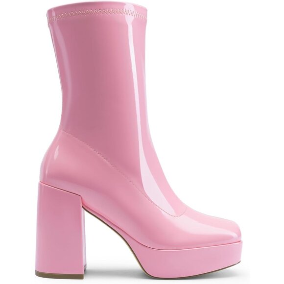 ⚡Dream Pair Women Pink Faux Leather Mid Calf Platform Block Heel Ankle Boot - Picture 3 of 7